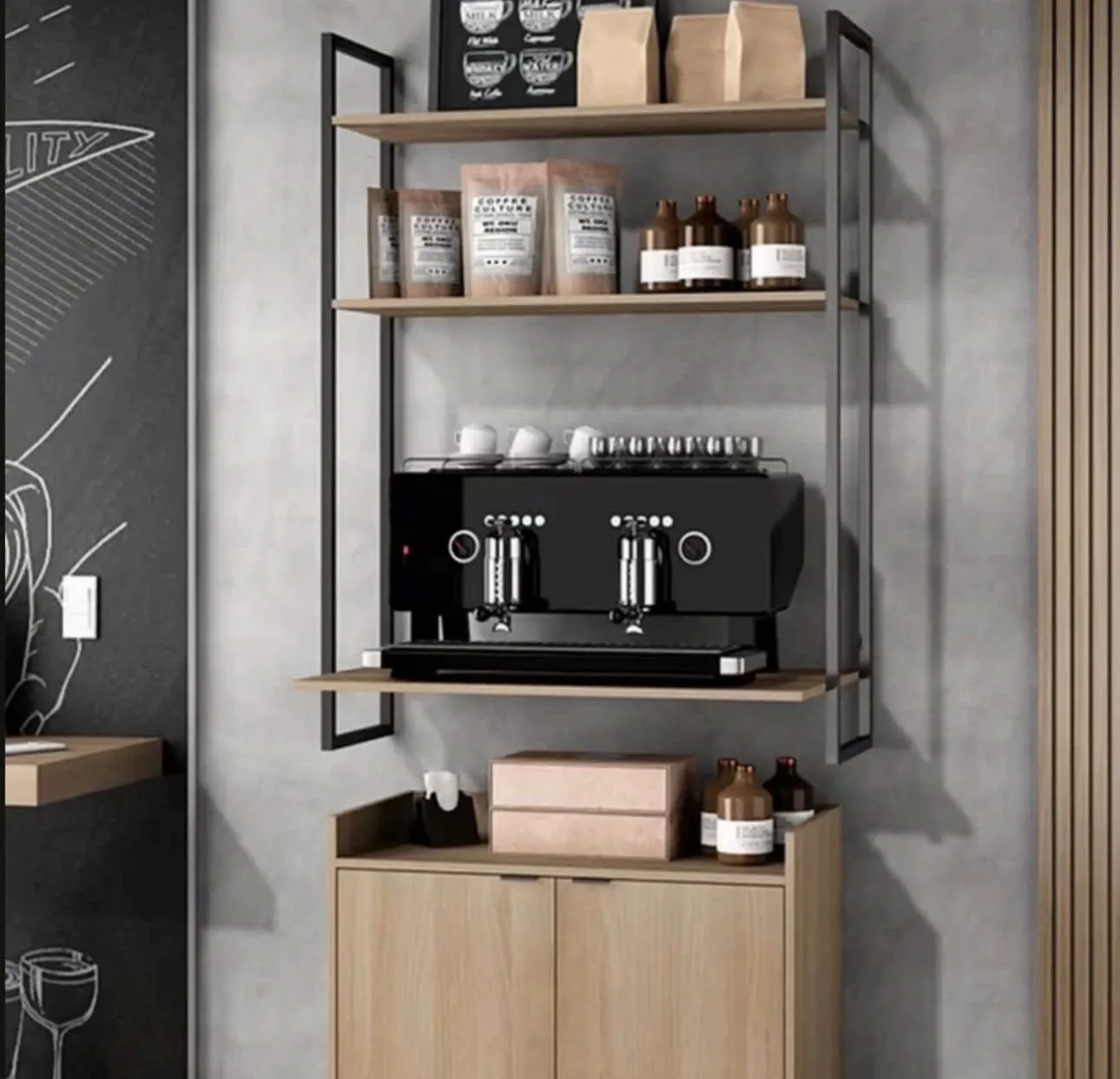 Mueble de café industrial en hierro y madera